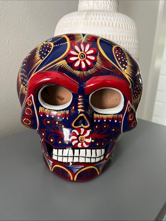 Handmade Other - Hand-Painted Ceramic Sugar Skull in Blue & Red